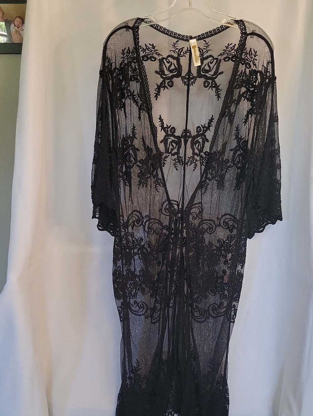 Sheer Embroidered Black Lace Kimono Robe - [Brand]